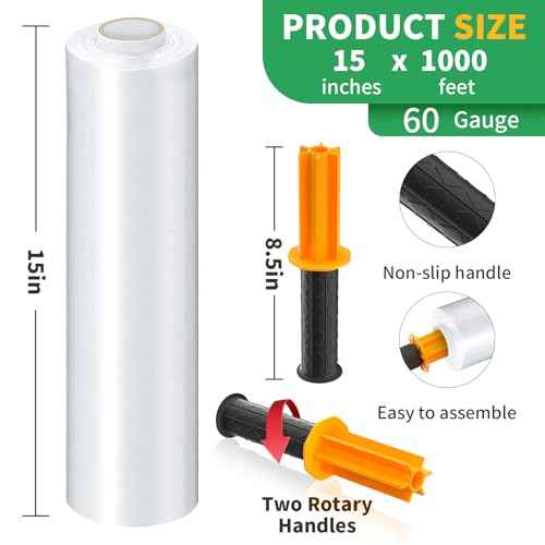 Stretch Film, HERKKA Stretch Wrap with Handles Industrial Strength, Moving Wrapping Plastic Roll, Shrink Wrap for Pallet Wrap, 15" x 1000 Feet, 3 Pack, 60 Gauge