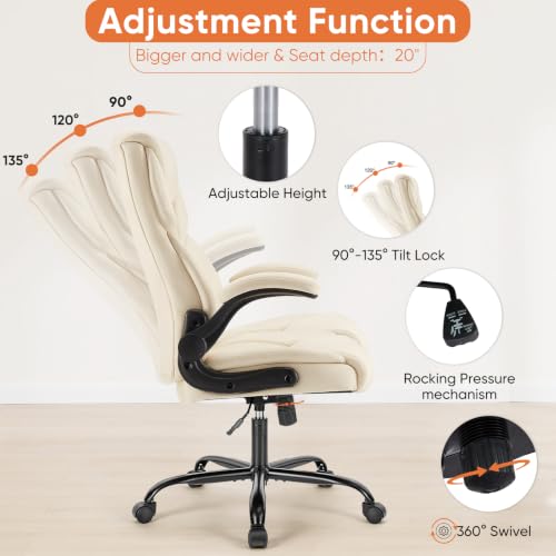 Beige Sweetcrispy High Back Desk Chair with PU Leather, Ergonomic Office Chair