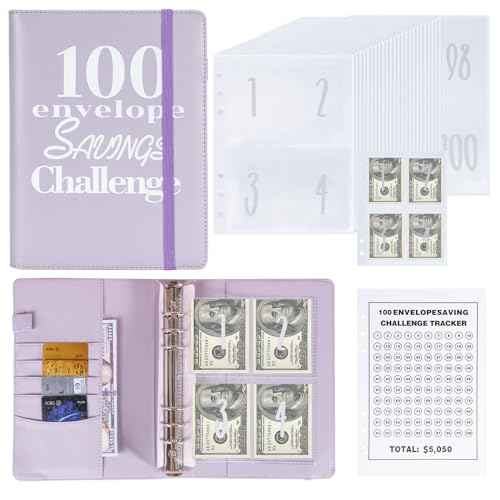 100 Envelopes Money Saving Binder A5 Savings Challenge Book (Purple)