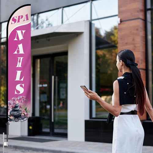 2 Pack Nails Sign & Spa King Flags 12 ft x 2.5 ft Nail Sign Advertising Feather Banner Swooper Flag for Outside Advertising Marketing Nail Salon, Hardware Not Included (Updated Design)