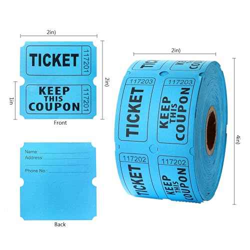 500 Pairs Raffle Tickets, Double Roll 50/50 Blue Raffle Tickets with Stub for Events, Easy Tear-Offs and Consecutive Number with Writable Back for Carnival Concert and Prize Drawings