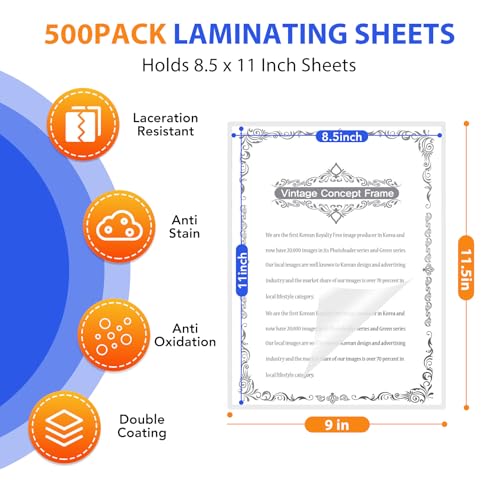 500 Pack Laminating Sheets, Holds 8.5 x 11 Inch Sheets, 3 mil, 9 x 11.5 Inches Thermal Laminating Pouches Lamination Sheet Paper for Laminator, Clear, Letter Size, Office and School Supplies