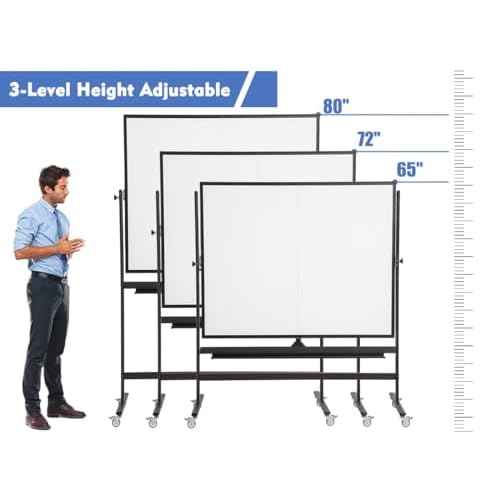 Large Magnetic Mobile Whiteboard 72"x48", Rolling Double Sided Stand Whiteboard on Wheels, Reversible Adjustable Height/Angle Dry Erase Board 6' x 4' Easel White Board for Office Classroom, Black