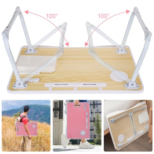 Laptop Bed Table, Laptop Desk for Bed, Foldable Laptop Bed Desk with USB Charge Port, Handle, Desktop Card Slot, Cup Slot, Side Drawer, Portable Laptop Table for Bed Eating Reading Working