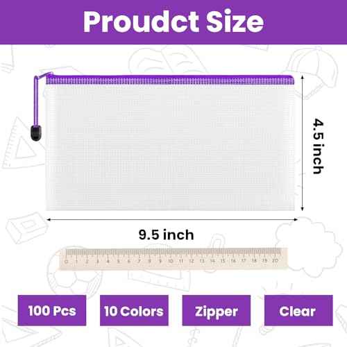 100 Pack Pencil Case Pouch Bulk, 9.5'' x 4.5'' Small Clear Mesh Zipper Pencil Pouch Bags Waterproof Pencil Holder Pouches for Classroom Office File Travel Bill Stationery, 10 Colors