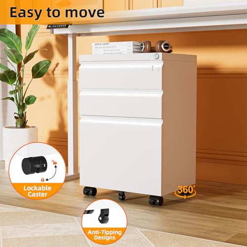 INTERGREAT White 3-Drawer Mobile Filing Cabinet with Lock (Assembled) – Under-Desk Metal File Cabinet on Wheels, 23.8" H