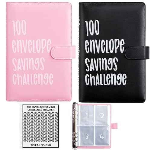 2PCS 100 Envelopes Money Saving Challenge, Envelopes Challenge Binder, Achieving Financial Goals with a Budget Binder and Cash Envelopes, Successfully Reach Your Savings Goals of $5,050 (Pink+Black)