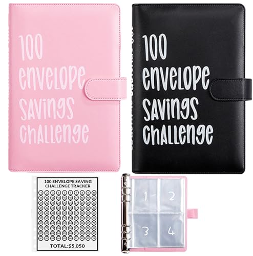 UOCLERY 2-Pack Pink & Black Money Saving Challenge Envelopes & Binder, 100 Envelopes for Budgeting & Financial Goals