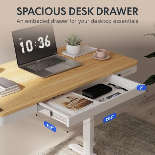 FLEXISPOT Comhar 48-Inch Maple Wood Electric Standing Desk with Drawers, White Frame