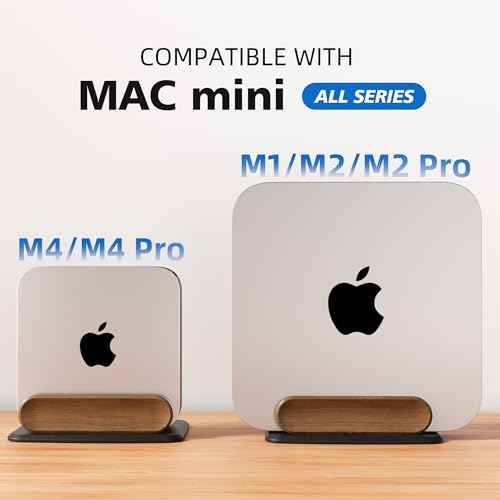 Mac mini Vertical Stand, Universal Aluminum & Wooden Desktop Holder for 2010-2024 M1/M2/M2 Pro/M4/M4 Pro, Cooling & Space-Saving Design