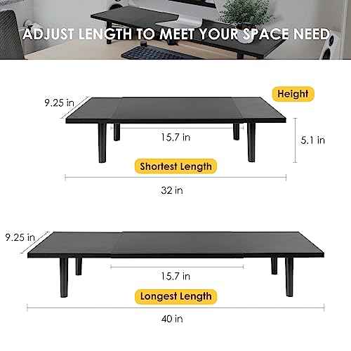 Dual-Monitor-Stand-Riser-For-Desk Adjustable Length 32-40 Inch£¬Large Desktop Computer Monitor Riser For 2 Screens£¬Desk Shelf Organizer Riser Stand For Computer/Laptop/PC/Printer/TV Black