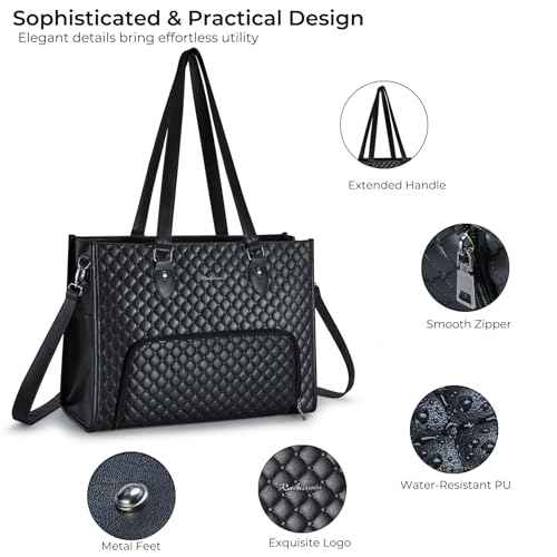 Laptop Tote Bag with Insulated Lunch Compartment for Women, PU Leather 15.6 Inch Work Bag, Elegant Computer Handbag, Versatile Business Tote for Office,Travel or Casual-Classic Black