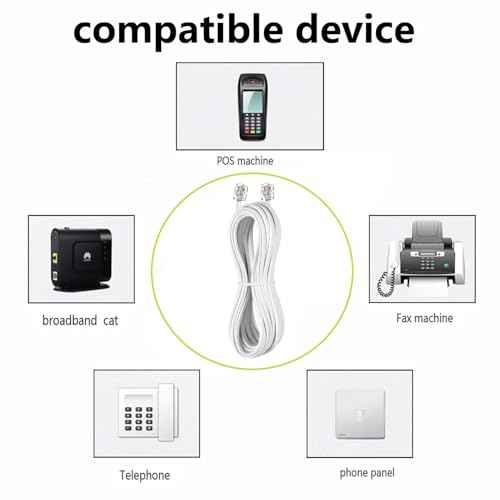 Long Telephone Extension Cord 20 FT, White, Phone Cable Line Wire with Standard RJ11 Plug, 1 Phone Line Splitter, 1 in-line Coupler and 15 Cable Clips for Telephone Calling Communication