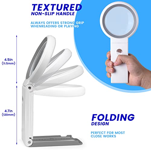 White Foldable Magnifying Glass with Light & Stand for Reading and Inspection