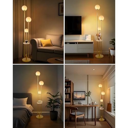 Lightdot Gold Globe Floor Lamp 3-Lights Dimmable Floor Lamps with Tray 3000K Bulbs Included Unique Floor Lamp Candle Holder Style Modern Standing Lamps for Living Room/Bedroom