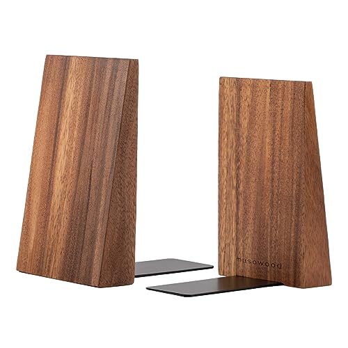 Muso Wood Brown Book Ends - Thickened Wooden Bookends for Heavy Books, Handmade Acacia Decorative Shelving Support