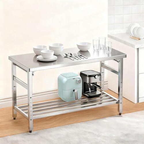 Mioleu 36 x 24 Inch Commercial Foldable Stainless Steel Table with Adjustable Undershelf & Feet