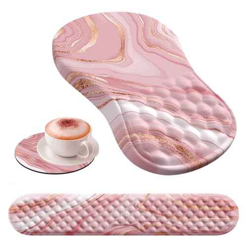 HAOCOO Keyboard Wrist Rest, Ergonomic Mouse Pad with Wrist Rest, 3 in 1 Keyboard and Mouse pad with Coaster Set, Memory Foam Wrist Support, Non-Slip PU Base for Home Office, Rose Gold Pink
