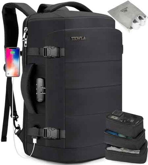 Tzowla 40L Expandable Travel Laptop Backpack for Men Women Carry on Flight Approved,Large Capacity Anti Theft Backpacks with USB/Type C Charging Port,Personal Item Bag Fit 17.3" Computer（Black