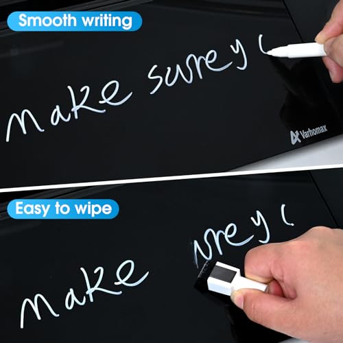 Varhomax Glass Desk Whiteboard Black with Wireless Charger, Desktop Dry Erase White Board with Storage,to Do List Memo Notepad for Home and Office