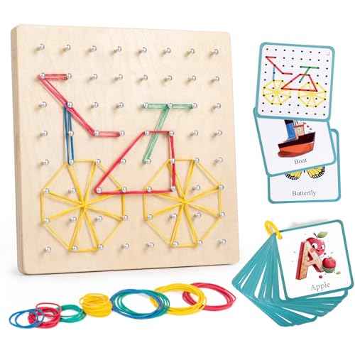 Wooden Geoboard with Rubber Bands, STEM Educational Toy for Spatial Reasoning and Fine Motor Skills Kids 3 Years+