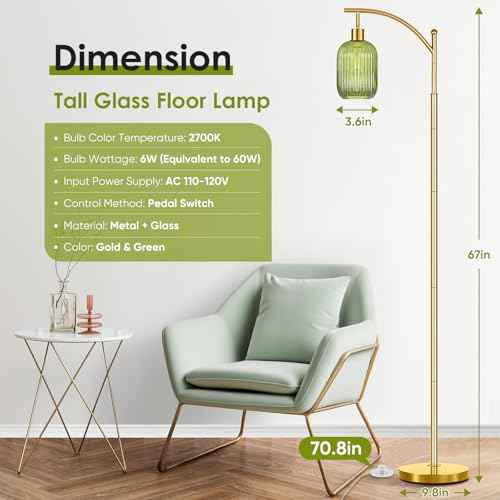 Glass Floor Lamp for Living Room, Modern Green Standing Lamp with Ribbed Glass Lampshade Pedal Switch, 67¡± Tall Lamp for Bedroom Study Room