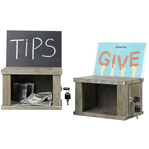 MyGift Set of 2 Vintage Gray Brown Solid Wood Suggestion Box, Comment Box and Money Donation Collection with Lock, Key, and Interchangeable Acrylic and Chalkboard Sign Holder