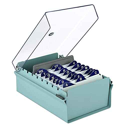 Acrimet 3 x 5 Card File Holder Organizer Box Metal Base Heavy Duty (AZ Index Cards and Divider Included) (Green Color with Clear Crystal Plastic Lid Cover)
