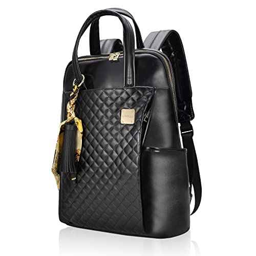 Laptop Backpack for Women Slim Travel - Laptop Bag Computer Case Fit up to 15.6-inch Notebook Lightweight Medium Size Purse for Work Bookbag Water-resistant Business Fashion Stylish PU Leather Black