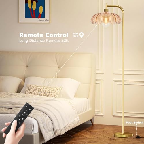 Brass Dimmable Floor Lamp Gold Glass,Tall Lamp Mid Century Modern Retro Standing Lamp with Remote Green Floor Light Lamp Boho Vintage Bohemian Bedroom