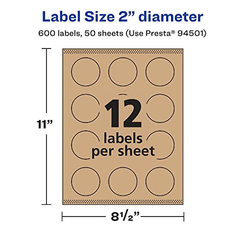 Avery Kraft Brown Round Labels with Sure Feed, 2" diameter, 600 Kraft Brown Labels, Print-to-The-Edge, Laser/Inkjet Printable Labels