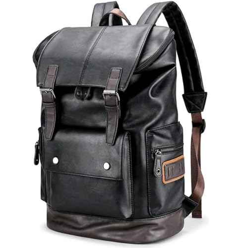 CHAO RAN Leather Laptop Backpack for Men, Vintage Black Work Knapsack Large Travel Waterproof Bags 16inch Laptop For Commute Casual Business(Black)