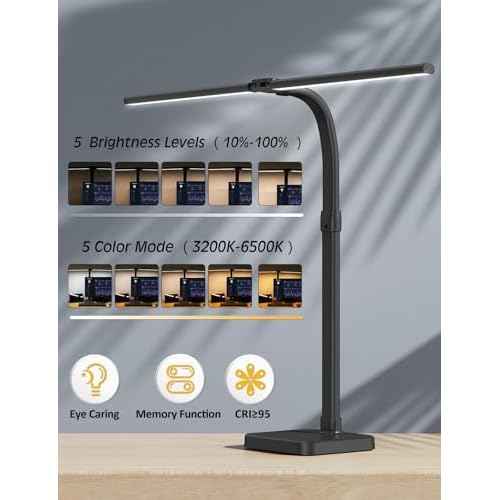 LED Desk Lamp for Home Office, Double Head 24W with Base, Architect Light 5 Lighting Brightness Flexible Gooseneck Table Reading Study, Black
