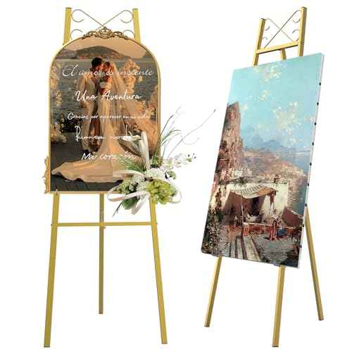 56" Gold Easel Stand for Wedding Signs ? Adjustable Height Metal Display Easel with Chain Support, Heavy Duty Floor Standing Easel for Art, Posters, Pictures, Paintings, and Party D?cor