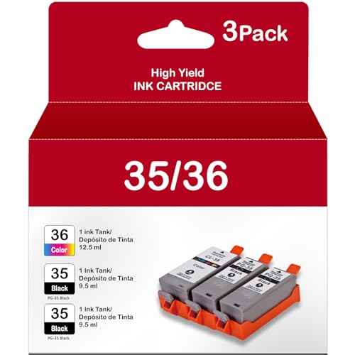 35 36 Ink Cartridges Replacement for Canon PGI-35 Black CLI-36 Color Ink Cartridge PGI35 CLI36 Ink to Work with PIXMA iP100, PIXUS Mini260 Printer (2 Black, 1 Tri-Color, 3 Pack)