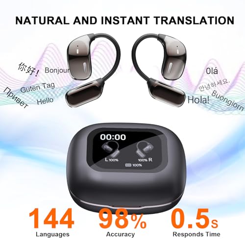 AI Translation Earbuds Real Time 144 Languages, LCD Touch Screen Open Ear Wireless Translator Earbuds, Audifonos Traductores Ingl?s Espa?ol, with APP Translating Device