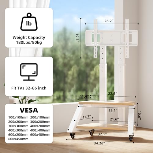 BEISHI White Mobile TV Stand Cart for 32-86 Inch TVs, Rolling TV Cart