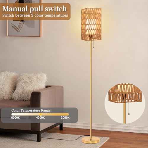 Floor Lamp for Living Room,Farmhouse Rattan Floor lamp,Modern Standing lamp with Hand-Worked Rattan Shade,Gold Tall Lamp with Chain Switch (Square Shade)