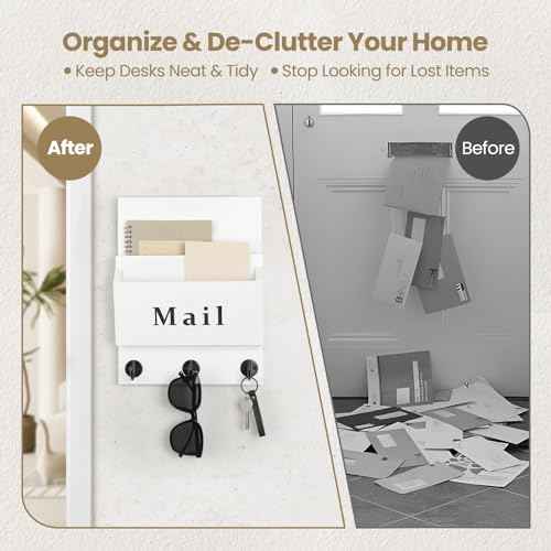 Mail and Key Holder - Decorative 8.86" x 11.42" Wall Key Hanger with 2 Mail Organizer Slots and 3 Hooks - Real Paulownia Wood with Keyhole Brackets, Hardware and Instructions (White)