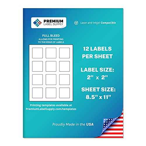 Premium Label Supply White Sticker Square Labels with Bleed ? 2" x 2" ? Laser/Inkjet Compatible ? (12 per Sheet), 25 Sheets ? 300 Total Adhesive Labels