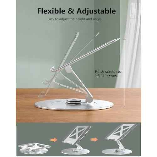 Laptop Stand with Phone Holder, Adjustable Laptop Stand with 360 Rotating Base, Aluminum Computer Mount Holder, Ergonomics Laptop Riser for Desk, Fits MacBook, up to 17.3" All Notebooks Silver