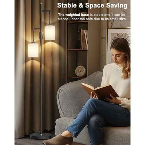 Lightdot 65IN Dimmable Floor Lamp for Living Room, Industrial 2-Light Tree Floor Lamps with LED E26 Bulbs Included, 3000K Mid Century Floor Lamp with Fabric Lampshades for Bedroom HOM Office-Black
