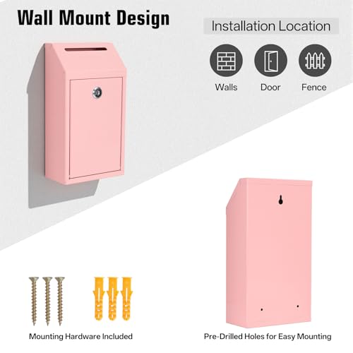 Sumerfnt Pink Locking Cash Box with Slot, Wall Mount, 4 Keys – Outdoor/Indoor Donation Box