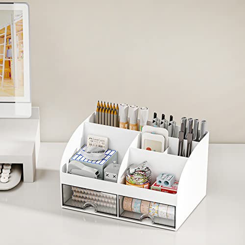 COMFYROOM White Desk Organizer with 6 Compartments & 2 Drawers - 1 Pack