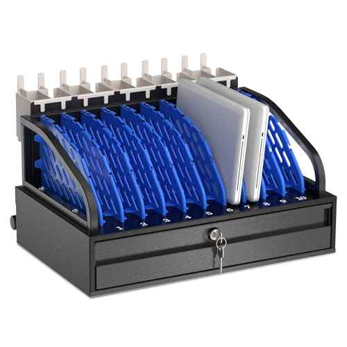 10-Device Open Charging Station for Chromebooks & Tablets - Heavy-Duty Steel Rack with Lockable Storage Drawer, Multi-Device Charging Organizer for School, Office, Hospital