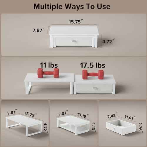 WOHOMO Dual Monitor Stand Riser with Drawers, Desk Organizers for 2 Monitors, Desktop Storage Stand for Computer,Laptop,White