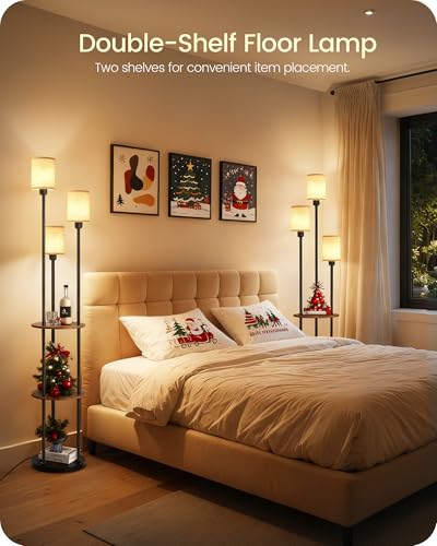GOEBLESON Rustic Brown Beige 70.9-inch Floor Lamp with Shelves & Linen Shades