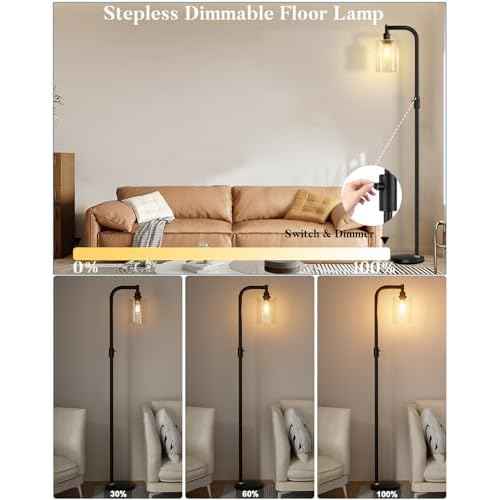 Lightdot 63IN Glass Floor Lamp for Living Room, Dimmable Modern Standing Tall Lamps with Clear Glass Lampshade, Mid Century Industrial Floor Lamp with 3000K Warm White for Bedroom Office-Black