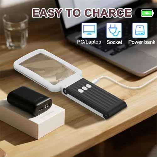 10X Magnifying Glass with Light and Stand, Real Glass Lens, Rechargeable Foldable Handheld Magnifier, 3 Color Modes Dimmable Lighted Page Magnifier for Reading Fine Prints, Low Vision Seniors