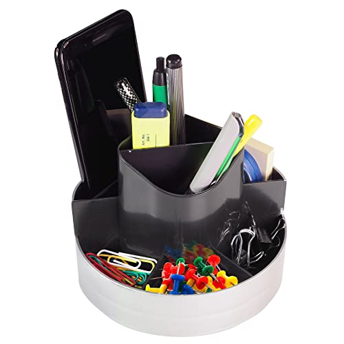 Kantek Rotating Desk Organizer, 8 Compartments, Plastic, 6 x 5.75 x 4.5, Black/Silver